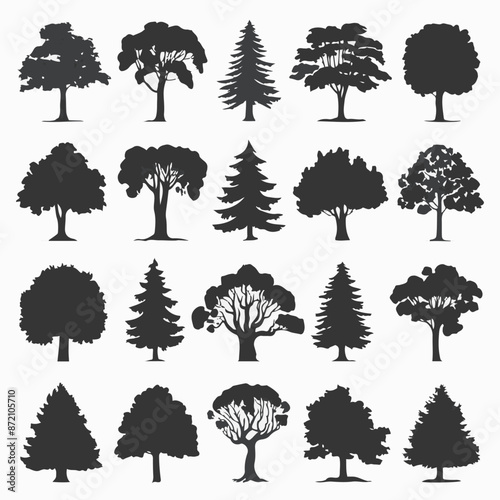 A collection of 20 distinct trees, each with its unique silhouette. These trees range from deciduous varieties with broad canopies to coniferous ones with needle-like leaves. 