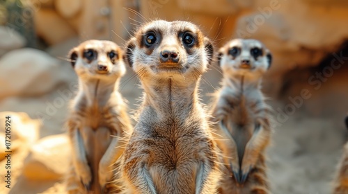 A group of meerkats standing on their hind legs, curiously looking around their enclosure.