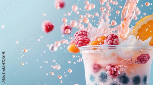 Close-up of a hand stirring a bubble tea with colorful swirls and bubbles, Bubble Tea, Detailed Texture