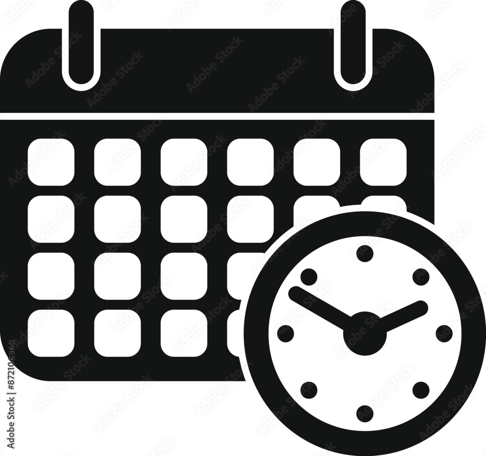 Simple black and white icon of a clock showing deadline on a calendar showing appointment Simple black and white icon of a clock showing deadline on a calendar showing appointment