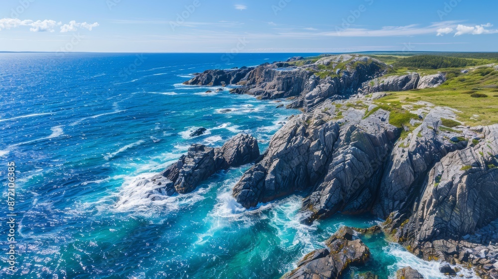 Aerial view of rugged northern coastline, waves hitting rocky shore, bright clear day, blue waters Aerial view of rugged northern coastline, waves hitting rocky shore, bright clear day, blue waters