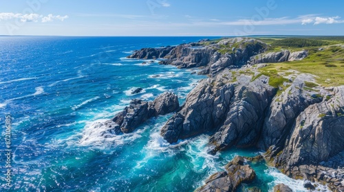 Aerial view of rugged northern coastline, waves hitting rocky shore, bright clear day, blue waters