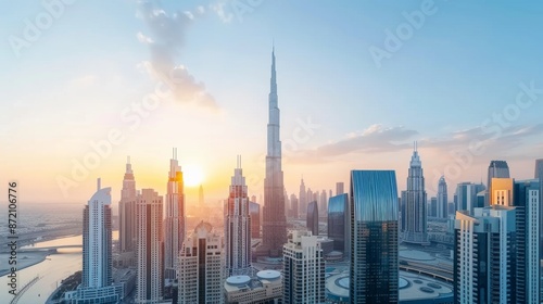 Majestic Dubai Skyline at Golden Hour with Glowing Skyscrapers and Iconic Burj Khalifa Center Stage