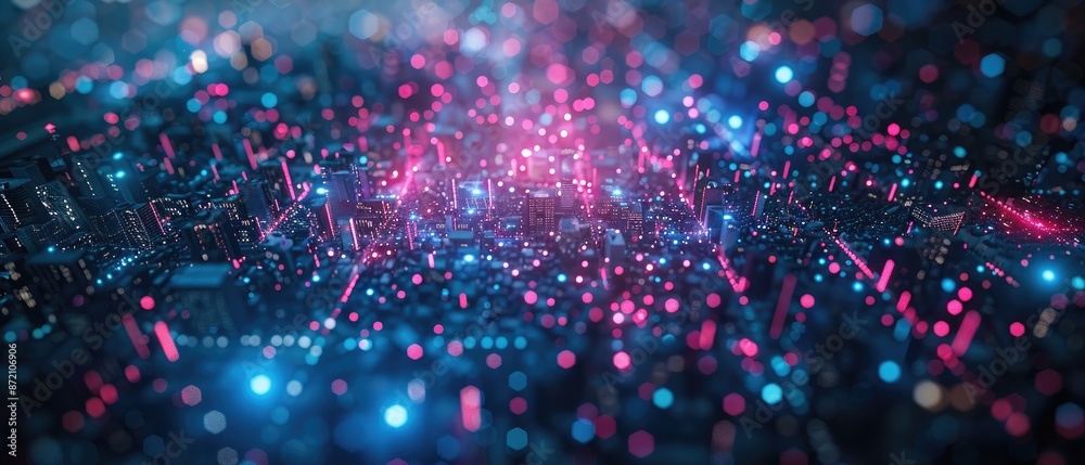 Fototapeta premium Abstract digital landscape with glowing blue and pink lights, representing data flow and futuristic technology.