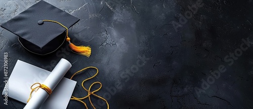 Graduation cap with a diploma and ample copyspace on a dark background