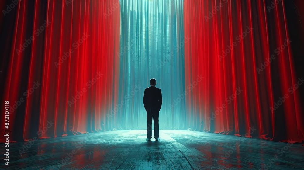 A man stands in front of a red curtain, looking out into a blue tunnel A man stands in front of a red curtain, looking out into a blue tunnel