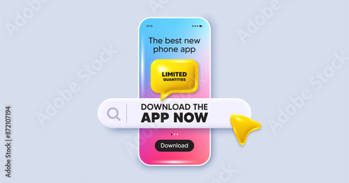 Limited quantities tag. Phone mockup screen. Download the app now. Special offer sign. Sale promotion symbol. Phone download app search bar. Limited quantities text message. Vector