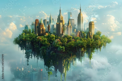 Immerse in a whimsical world where floating islands of fantastical flora and fauna coexist with towering skyscrapers of intricate design Incorporate unexpected camera angles to sho