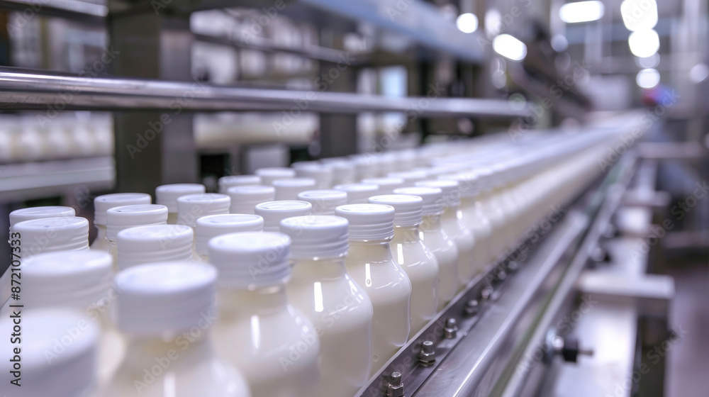 Industrial Scale Yogurt Production. Bottles Flowing on Assembly Line Industrial Scale Yogurt Production. Bottles Flowing on Assembly Line