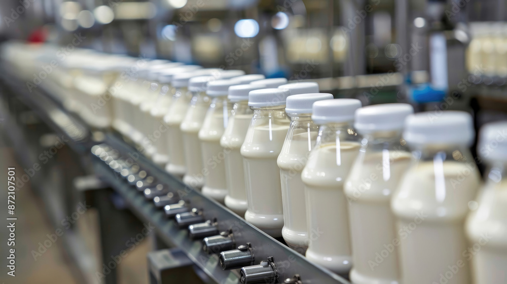 Industrial Scale Yogurt Production. Bottles Flowing on Assembly Line Industrial Scale Yogurt Production. Bottles Flowing on Assembly Line