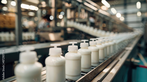 Industrial Scale Yogurt Production. Bottles Flowing on Assembly Line