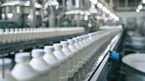 Industrial Scale Yogurt Production. Bottles Flowing on Assembly Line