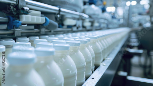 Industrial Scale Yogurt Production. Bottles Flowing on Assembly Line