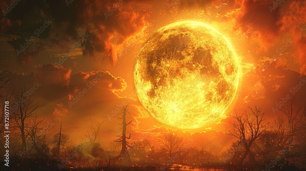 A large yellow moon is in the sky above a forest A large yellow moon is in the sky above a forest