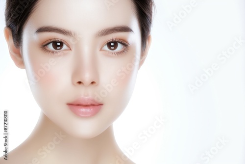 close up face portrait of young Asian pretty woman brown eyes with bright flawless clean clear skin, beauty cosmetic or skincare fashion portrait with copy space