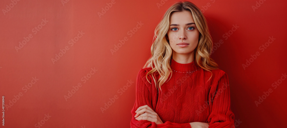 Photo of a blonde woman in a red sweater posing on a vibrant background, with copy space for text and graphics. Web banner style
Photo of a blonde woman in a red sweater posing on a vibrant background, with copy space for text and graphics. Web banner style