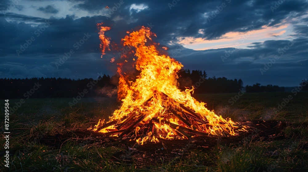 Large Bonfire in Open Field at Dusk with Dramatic Sky and Glowing Flames Large Bonfire in Open Field at Dusk with Dramatic Sky and Glowing Flames
