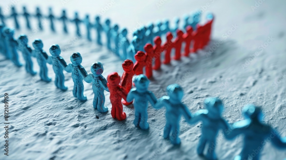 Fototapeta premium Small plastic figures arranged in a line show the concept of social distancing and health safety precautions for a corporate report.