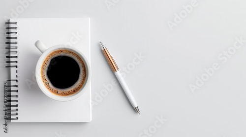 Top view of a cup of coffee, a pen, and a notebook on a white background.