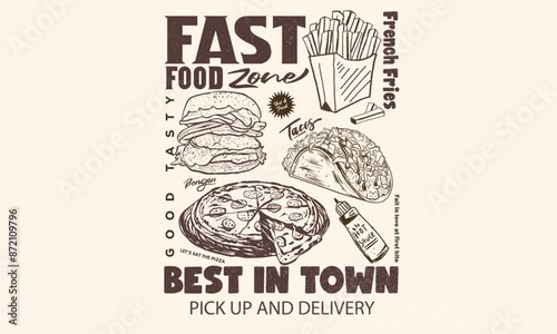 Weekend mood. Fast food design. Barger, pizza, tacos, donut and sauce design for t shirt print, poster, sticker, background and other uses. Crispy and delicious fast food artwork. Restaurant menu set.