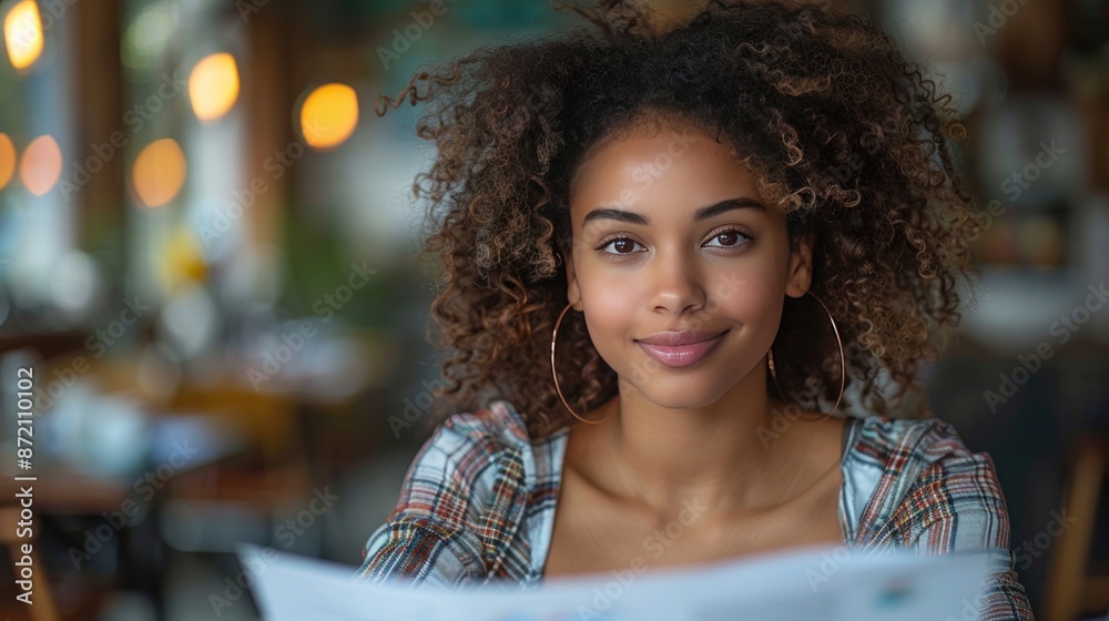 Smiling Woman with Curly Hair in a Cafe Smiling Woman with Curly Hair in a Cafe