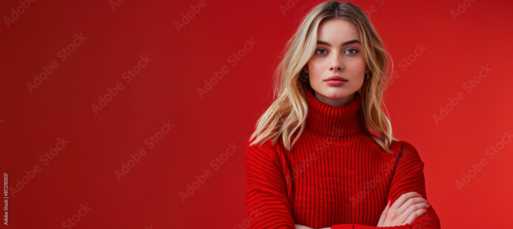 Photo of a blonde woman in a red sweater posing on a vibrant background, with copy space for text and graphics. Web banner style
Photo of a blonde woman in a red sweater posing on a vibrant background, with copy space for text and graphics. Web banner style