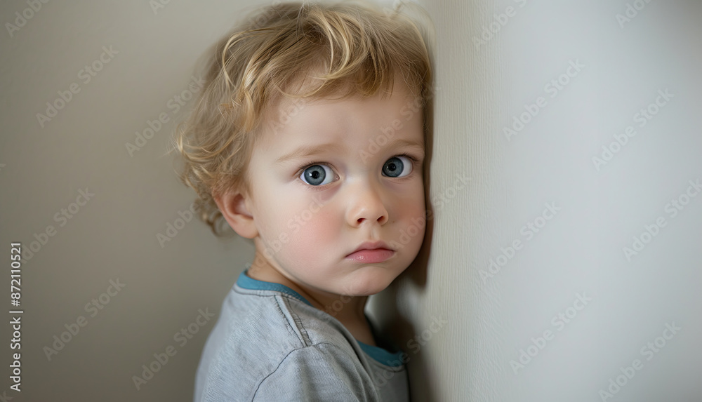 Little boy with curly hair looking sad against a white wall. Little boy with curly hair looking sad against a white wall.