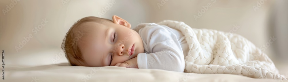 Peaceful baby sleeping soundly on a soft bed, wrapped in a white blanket. Perfect for themes of innocence, tranquility, and childhood. Peaceful baby sleeping soundly on a soft bed, wrapped in a white blanket. Perfect for themes of innocence, tranquility, and childhood.
