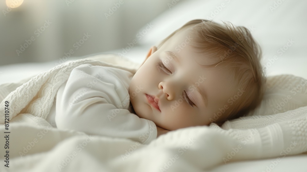 Peaceful sleeping baby lying on a bed with soft white blankets, captured in serene natural lighting for a tender and calm atmosphere. Peaceful sleeping baby lying on a bed with soft white blankets, captured in serene natural lighting for a tender and calm atmosphere.