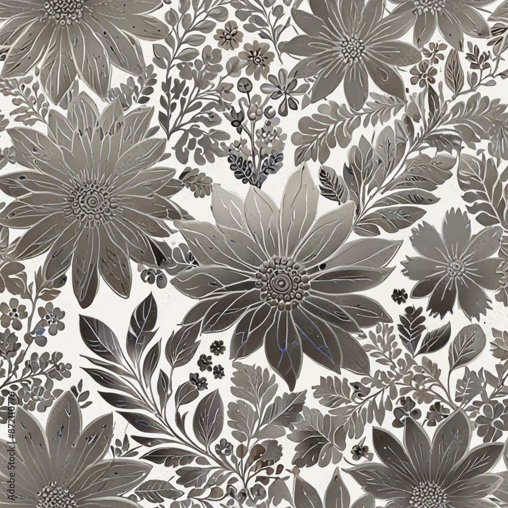Obraz premium Elegant Silver Floral Pattern on a Pristine White Background