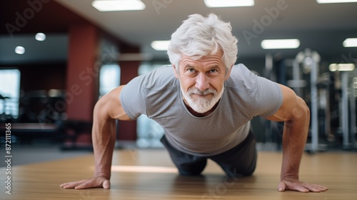 Elderly man in good physical shape performs physical exercise push-ups in the gym