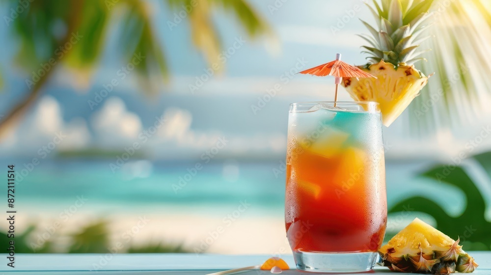 Tropical cocktail with pineapple garnish on beach. Tropical cocktail with pineapple garnish on beach.