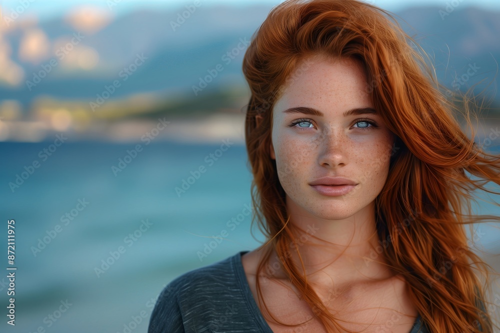 Portrait of a beautiful woman with red hair and blue eyes, standing by a lake in the mountains at dusk, looking into the camera, wearing a dark t-shirt with freckles on her face. Portrait of a beautiful woman with red hair and blue eyes, standing by a lake in the mountains at dusk, looking into the camera, wearing a dark t-shirt with freckles on her face.