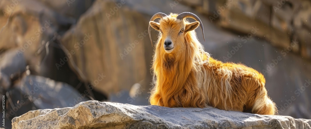 A Golden Takin Sitting On A Rock In Shaanxi, China; An Endangered Goat With Yellow, Hairy Fur,High Resolution, Ultra HD A Golden Takin Sitting On A Rock In Shaanxi, China; An Endangered Goat With Yellow, Hairy Fur,High Resolution, Ultra HD
