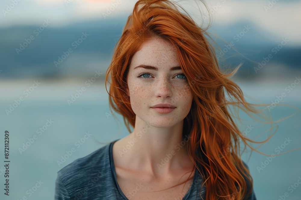 Portrait of a beautiful woman with red hair and blue eyes, standing by a lake in the mountains at dusk, looking into the camera, wearing a dark t-shirt with freckles on her face. Portrait of a beautiful woman with red hair and blue eyes, standing by a lake in the mountains at dusk, looking into the camera, wearing a dark t-shirt with freckles on her face.