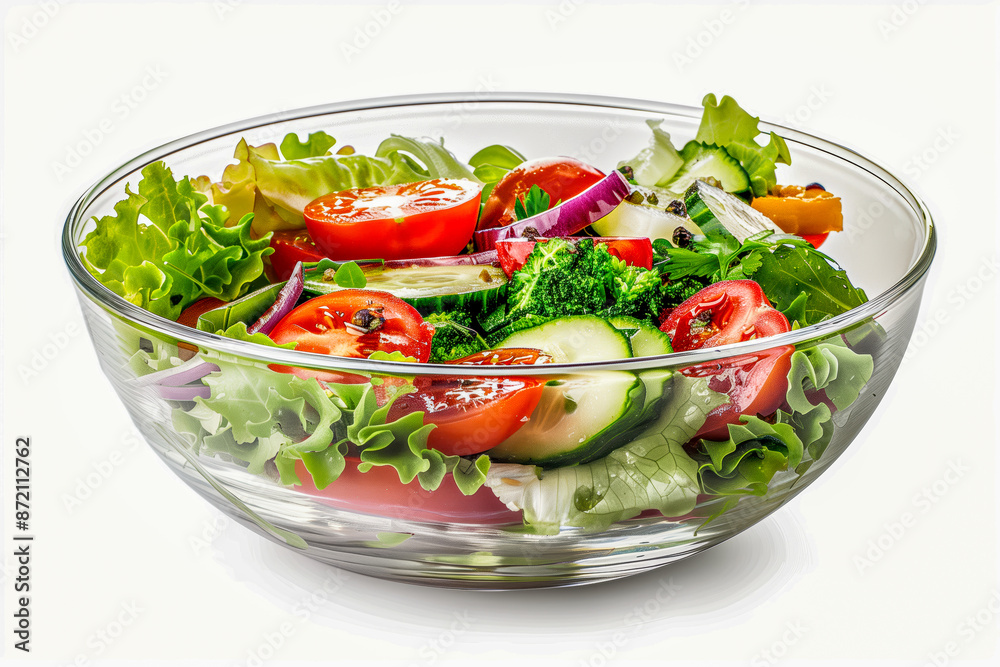 Glass salad bowl with juicy tasty vegetable salad Glass salad bowl with juicy tasty vegetable salad