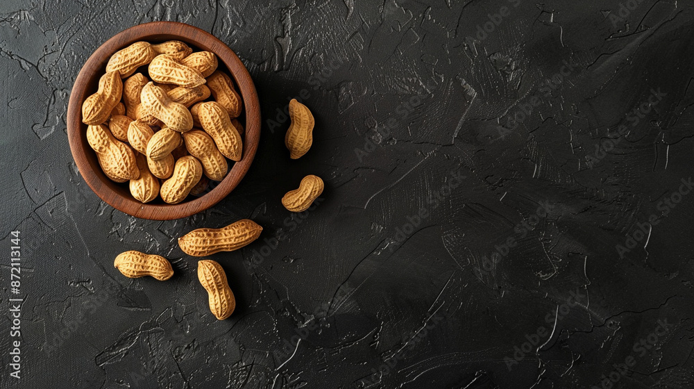 Peanuts in a wooden bowl on a black background with copy space Peanuts in a wooden bowl on a black background with copy space