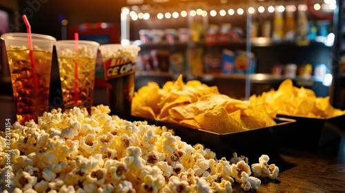 Movie theater concession stand, dim lights, medium shot of popcorn, nachos, and soda on the counter photo