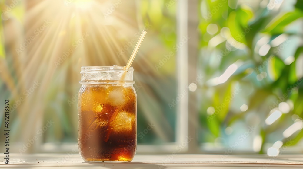 Refreshing iced coffee in a mason jar with a straw, perfect for a summer day. Refreshing iced coffee in a mason jar with a straw, perfect for a summer day.