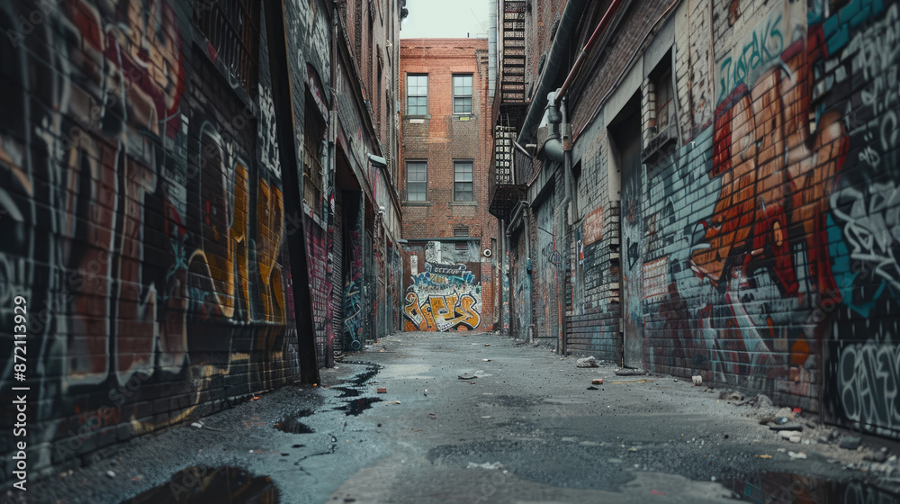 Fototapeta premium Colorful Graffiti Adorning Walls of Urban Alleyway