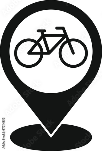 Black icon of a map pin with a bicycle inside, representing a bike path, rental, or other bicycle related location