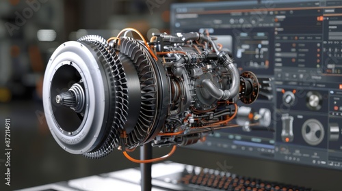 A detailed jet engine model displayed with a digital interface, highlighting advanced aerospace engineering and technology.