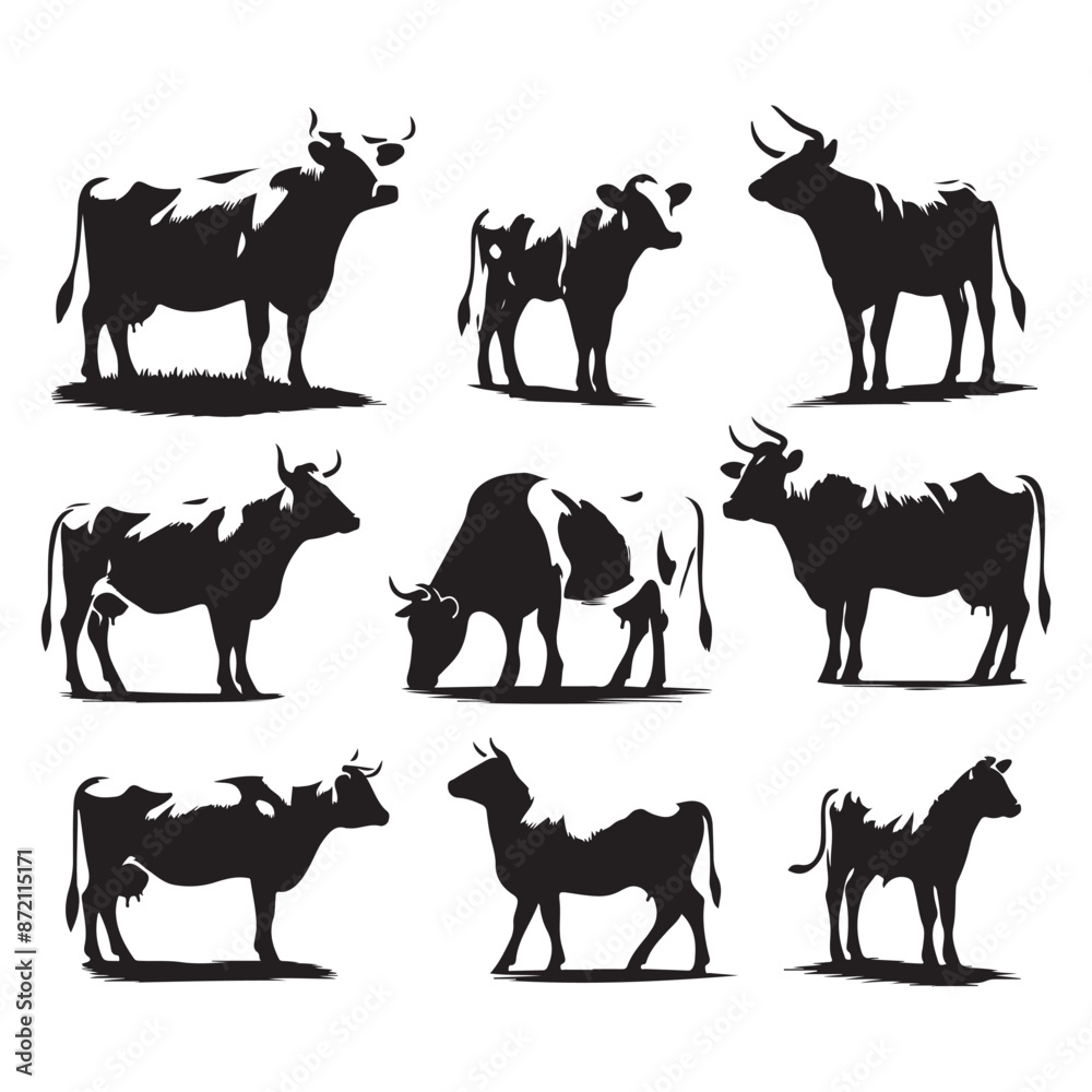 Set of cow silhouettes isolated on a white background, Vector illustration. Set of cow silhouettes isolated on a white background, Vector illustration.