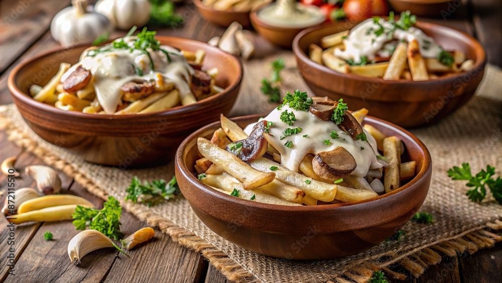 Rich, golden truffle parmesan fries smothered in earthy mushrooms and indulgent cream sauce, artfully arranged in rustic brown ceramic bowls. Rich, golden truffle parmesan fries smothered in earthy mushrooms and indulgent cream sauce, artfully arranged in rustic brown ceramic bowls.