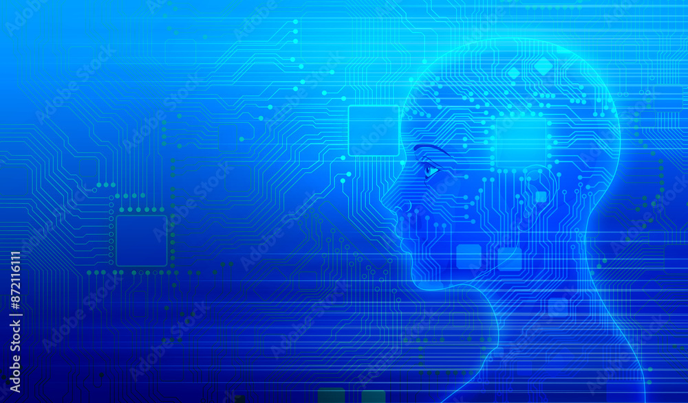 Fototapeta premium Artificial Intelligence Electronic Circuit Board Humans and High-Tech Future Society electronic circuit background