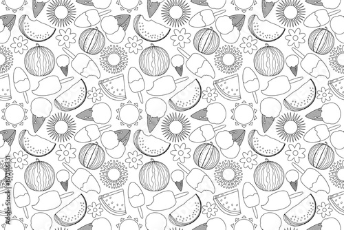 A seamless coloring page pattern featuring summer treats, suns, and flowers. Perfect for kids and adults to enjoy and relax with creative fun.