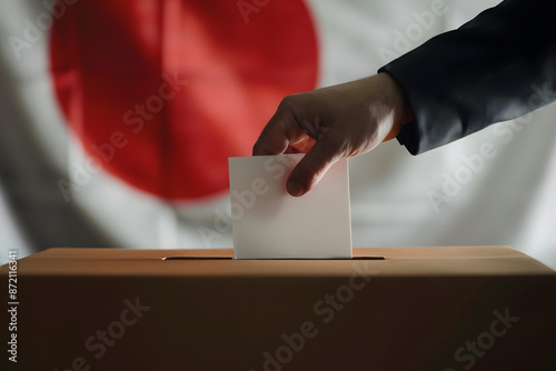 Voter holds Envelope in Hand, Vote Ballot on japanese Flag Background, Japan Election, Freedom Democracy Concept photo