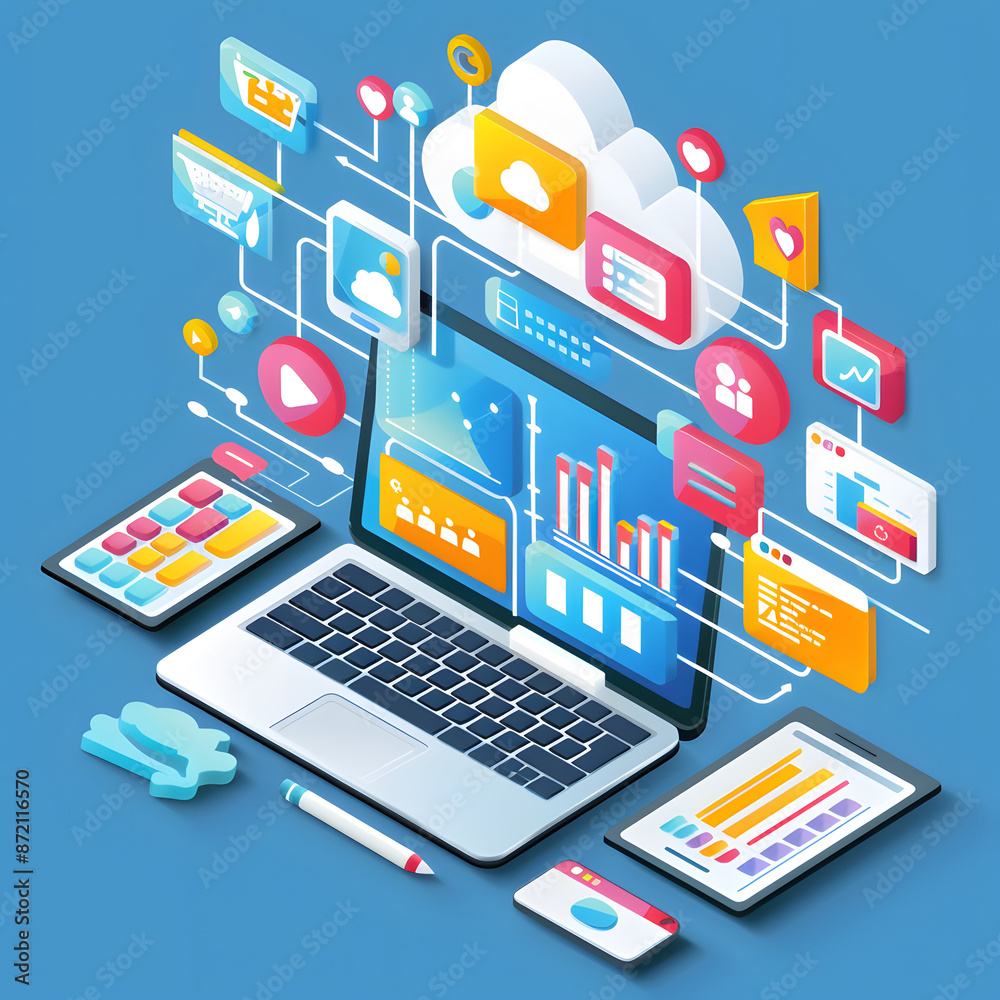 The laptop is encircled by graphs and social media icons, all essential digital marketing tools, generated by AI. The laptop is encircled by graphs and social media icons, all essential digital marketing tools, generated by AI.