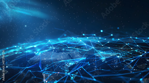 Abstract representation of global connectivity with a blue digital network overlay on a dark background, symbolizing modern technology
