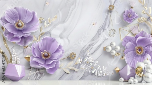 3D wallpaper mural design with purple flowers, gold jewelry accents, and pearls on a white marble background with geometric objects, bringing more light.
